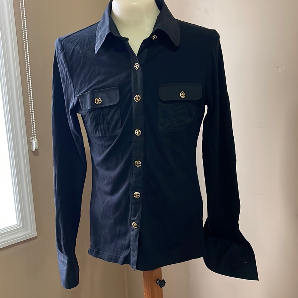 Beautiful Tracy M black blouse with stylish gold tone buttons